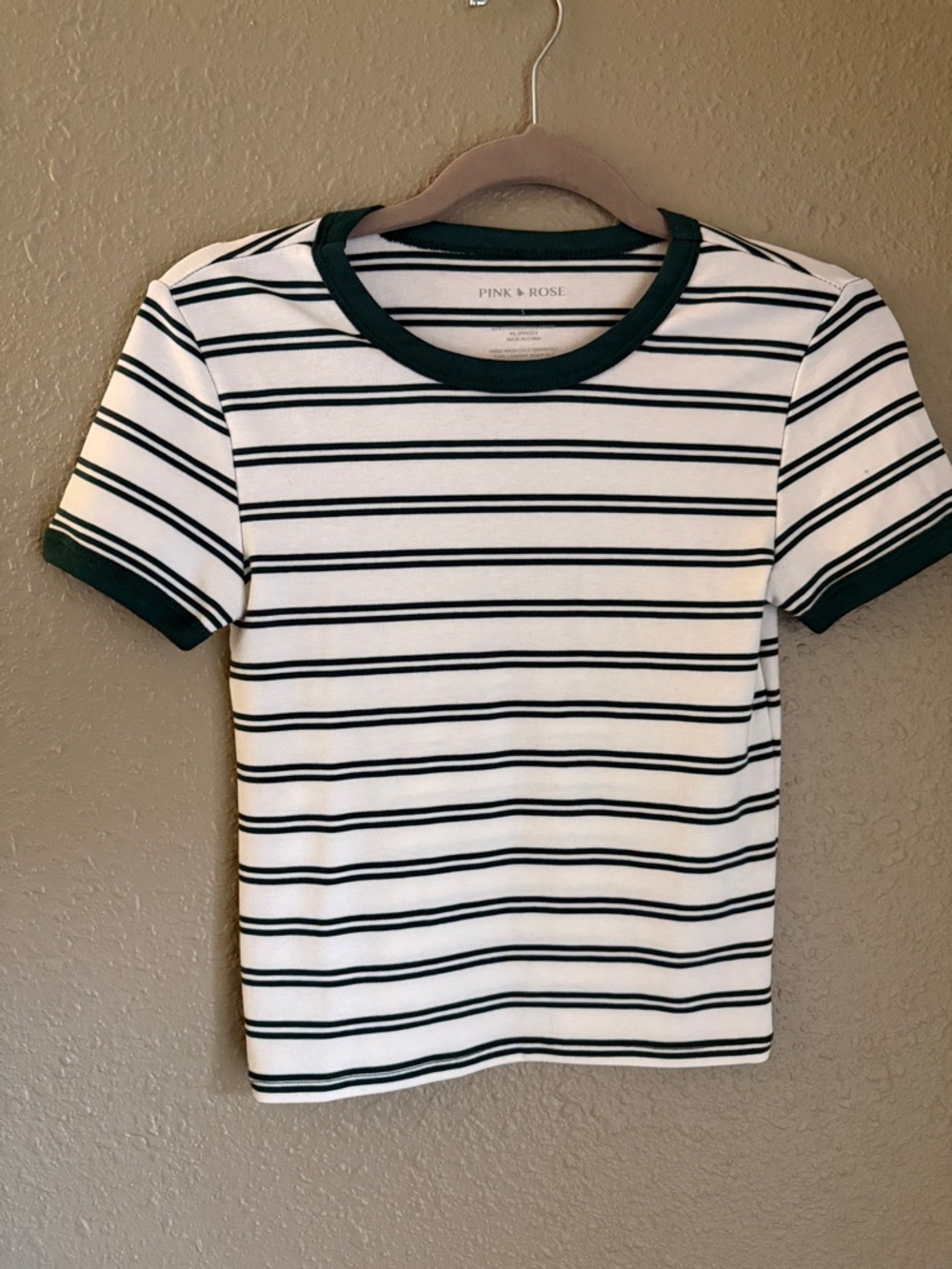 Pink Rose White Tee with Dark Green Stripes